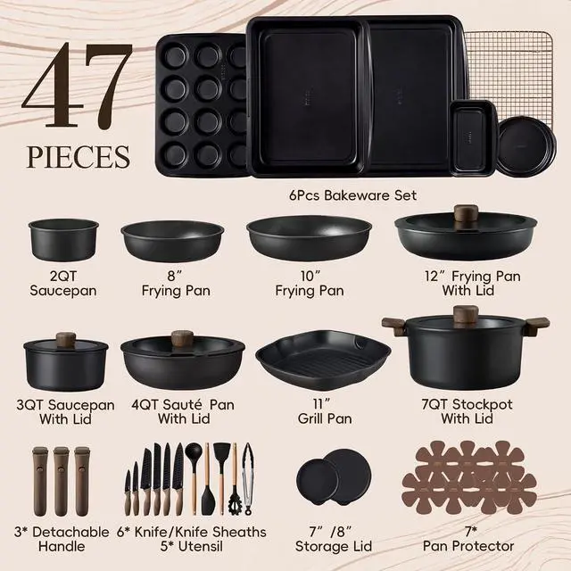 Alt view image 2 of 7 - CAROTE 47pcs Pots and Pans Set Non Stick, Detachable Handle Cookware Set | Baking Pans Set, Knife Set, Induction Compatible, Dishwasher & Oven Safe, Space Saving, Camping Cooking, Kitchen Set, Black