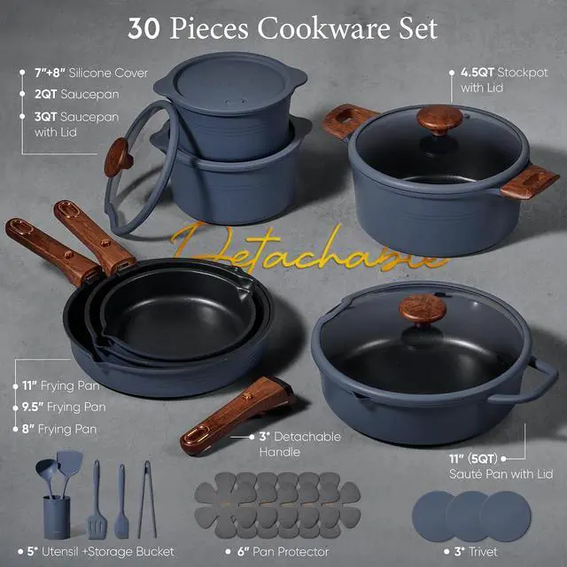Alt view image 2 of 7 - CAROTE 30pcs Titanium Cookware Set, Pots and Pans Set Detachable Handle | Non-Stick, Non-Toxic, Induction Compatible, Dishwasher & Oven Safe, Space Saving, Camping Cooking, Blue