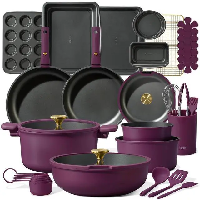 Main image of CAROTE 32pcs Pots and Pans Set Non Stick, Detachable Handle Cookware Sets | Bakeware and Kitchen Gadgets, Space Saving, Dishwasher & Oven Safe, Non-Toxic, for Camping/RV/Traveling, Purple