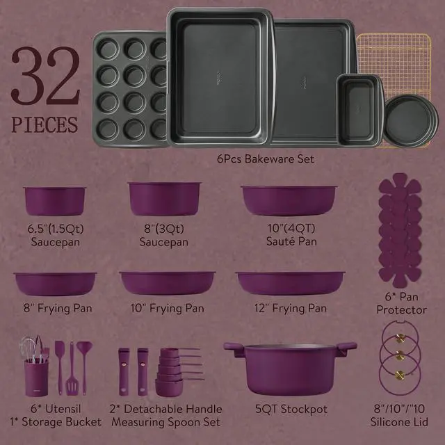 Alt view image 2 of 7 - CAROTE 32pcs Pots and Pans Set Non Stick, Detachable Handle Cookware Sets | Bakeware and Kitchen Gadgets, Space Saving, Dishwasher & Oven Safe, Non-Toxic, for Camping/RV/Traveling, Purple