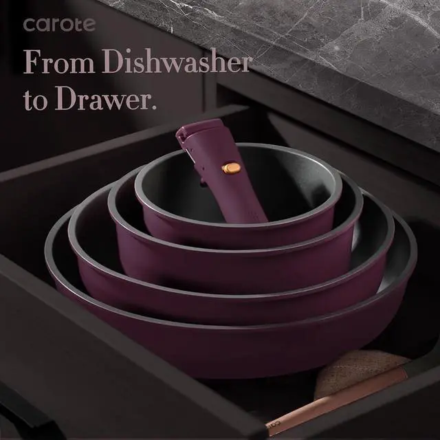 Alt view image 4 of 7 - CAROTE 32pcs Pots and Pans Set Non Stick, Detachable Handle Cookware Sets | Bakeware and Kitchen Gadgets, Space Saving, Dishwasher & Oven Safe, Non-Toxic, for Camping/RV/Traveling, Purple