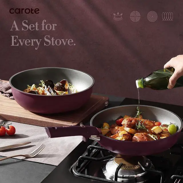 Alt view image 5 of 7 - CAROTE 32pcs Pots and Pans Set Non Stick, Detachable Handle Cookware Sets | Bakeware and Kitchen Gadgets, Space Saving, Dishwasher & Oven Safe, Non-Toxic, for Camping/RV/Traveling, Purple