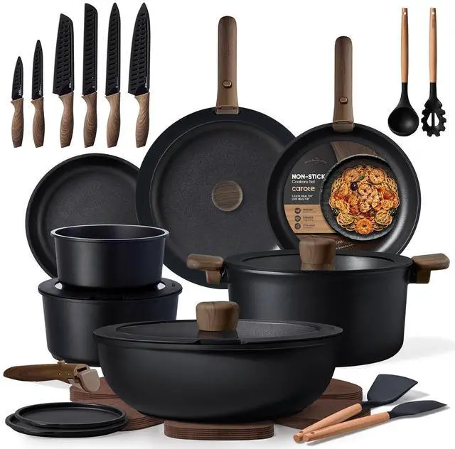 Main image of CAROTE 38pcs Pots and Pans Set Non Stick, Cookware Set Detachable Handle | Knife Set, Induction Compatible, Dishwasher & Oven Safe, Space Saving, Camping Cooking Set, Kitchen Set, Black