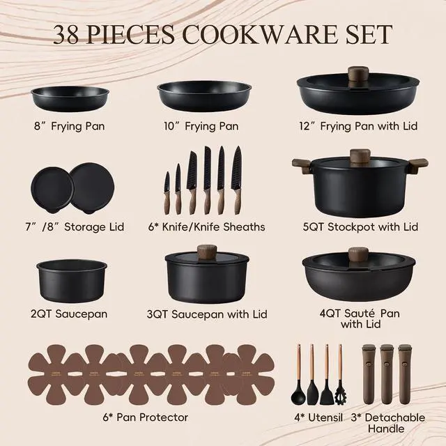Alt view image 2 of 7 - CAROTE 38pcs Pots and Pans Set Non Stick, Cookware Set Detachable Handle | Knife Set, Induction Compatible, Dishwasher & Oven Safe, Space Saving, Camping Cooking Set, Kitchen Set, Black