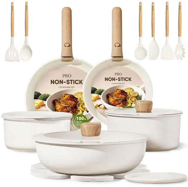 Main image of CAROTE 21pcs Pots and Pans Set Non Stick, Cookware Set Detachable Handle | Induction Compatible, Dishwasher & Oven Safe, Space Saving, Camping Cooking Set, Kitchen Set, White