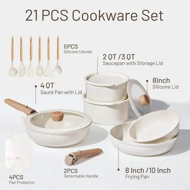 Alt view image 2 of 7 - CAROTE 21pcs Pots and Pans Set Non Stick, Cookware Set Detachable Handle | Induction Compatible, Dishwasher & Oven Safe, Space Saving, Camping Cooking Set, Kitchen Set, White