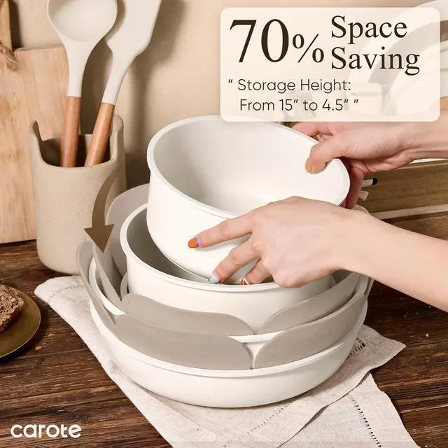 Alt view image 3 of 7 - CAROTE 26pcs Pots and Pans Set Non Stick, Cookware Set Detachable Handle | Induction Compatible, Dishwasher & Oven Safe, Space Saving, Camping Cooking Set, Kitchen Set, Cream White