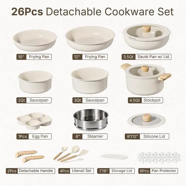 Alt view image 2 of 7 - CAROTE 26pcs Pots and Pans Set Non Stick, Cookware Set Detachable Handle | Induction Compatible, Dishwasher & Oven Safe, Space Saving, Camping Cooking Set, Kitchen Set, Cream White