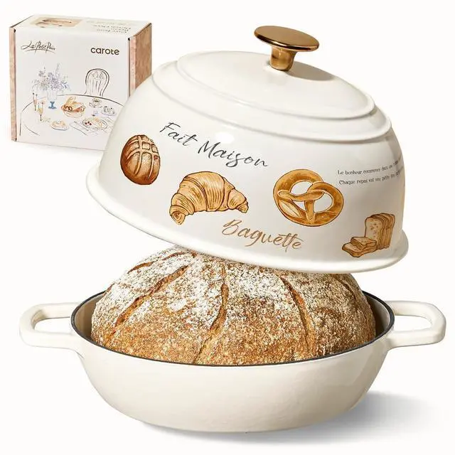 Main image of CAROTE Enameled Cast Iron Dutch Oven, 5QT Pot with Lid & Gift Box | Healthy Bread Oven for Homemade Sourdough Bread Baking, Roasting, All Stovetop Compatible Oven Safe up to 500° F, Croissant
