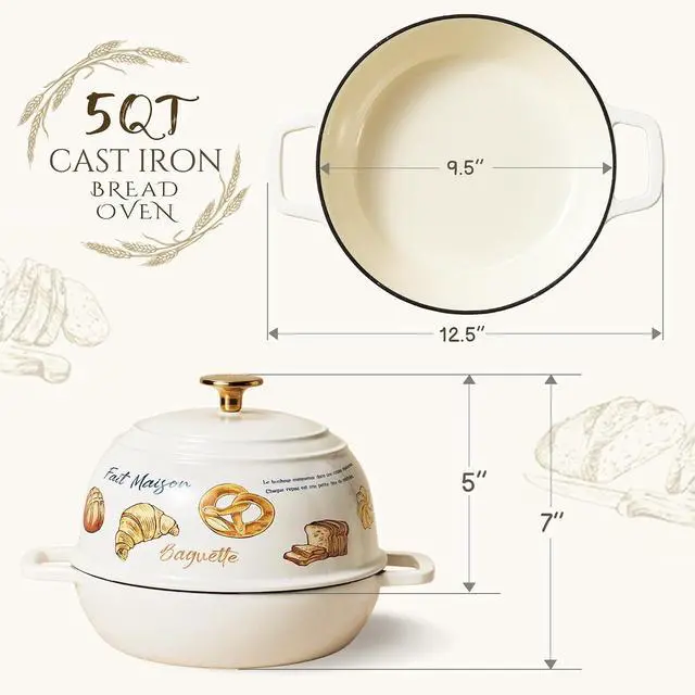 Alt view image 2 of 7 - CAROTE Enameled Cast Iron Dutch Oven, 5QT Pot with Lid & Gift Box | Healthy Bread Oven for Homemade Sourdough Bread Baking, Roasting, All Stovetop Compatible Oven Safe up to 500° F, Croissant