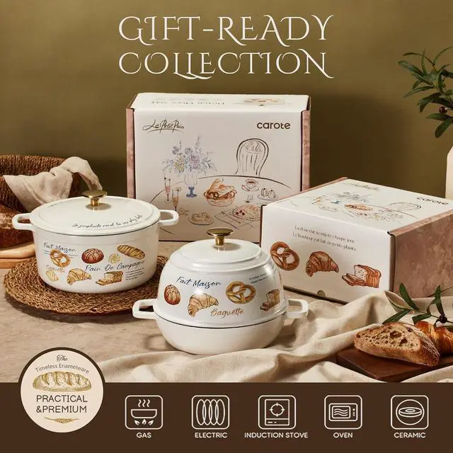 Alt view image 6 of 7 - CAROTE Enameled Cast Iron Dutch Oven, 5QT Pot with Lid & Gift Box | Healthy Cookware for Homemade Sourdough Bread Baking, Roasting, All Stovetop Compatible Oven Safe up to 500° F, Croissant