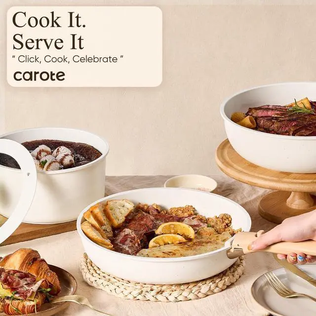 Alt view image 5 of 7 - CAROTE 21pcs Pots and Pans Set Non Stick, Cookware Set Detachable Handle | Induction Compatible, Dishwasher & Oven Safe, Space Saving, Camping Cooking Set, Kitchen Set, White