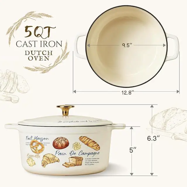 Alt view image 2 of 7 - CAROTE Enameled Cast Iron Dutch Oven, 5QT Pot with Lid & Gift Box | Healthy Cookware for Homemade Sourdough Bread Baking, Roasting, All Stovetop Compatible Oven Safe up to 500° F, Croissant