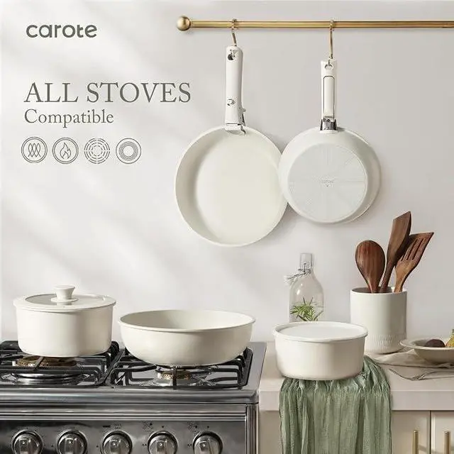 Alt view image 4 of 7 - CAROTE 22pcs Pots and Pans Set Non Stick, Detachable Handle Cookware Sets | Induction Compatible, Dishwasher & Oven Safe, Space Saving, Camping Cooking Set, Kitchen Set, Cream White