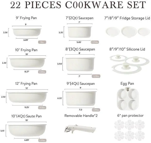 Alt view image 2 of 7 - CAROTE 22pcs Pots and Pans Set Non Stick, Detachable Handle Cookware Sets | Induction Compatible, Dishwasher & Oven Safe, Space Saving, Camping Cooking Set, Kitchen Set, Cream White