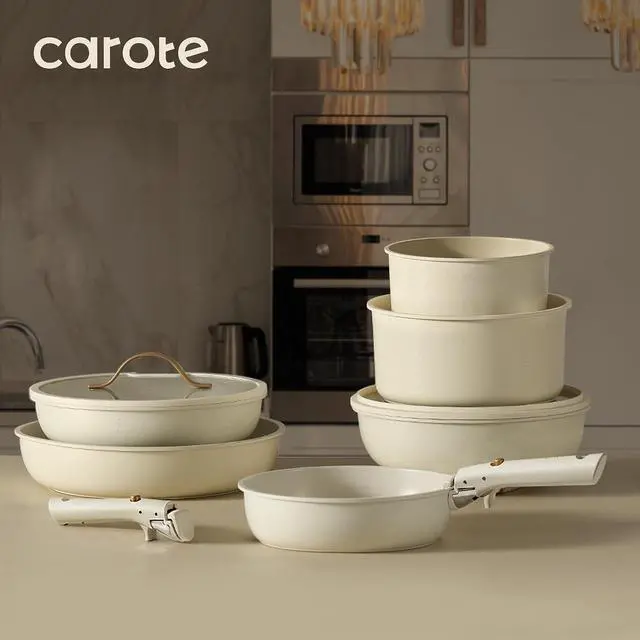 Alt view image 5 of 5 - CAROTE 7pcs Pots and Pans Set Non Stick, Cookware Set with Detachable Handle, Kitchen Cookware Sets with Removable Handle, RV Cookware Set, Oven Safe, Cream White
