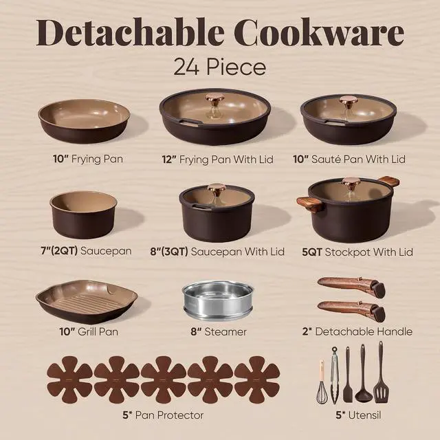 Alt view image 2 of 7 - CAROTE 24pcs Pots and Pans Set Cookware Set with Detachable Handle Chocolate