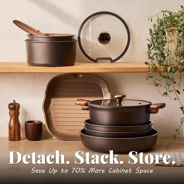 Alt view image 7 of 7 - CAROTE 24pcs Pots and Pans Set Cookware Set with Detachable Handle Chocolate