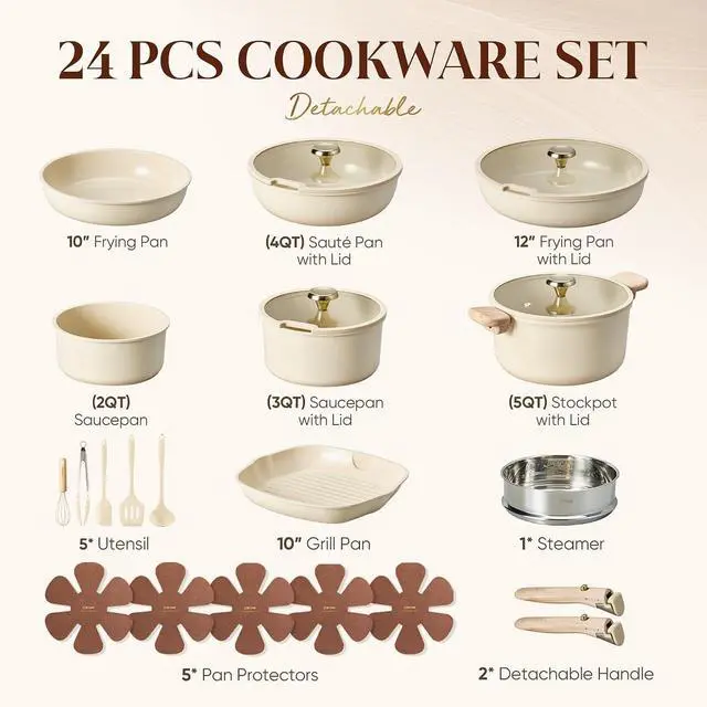Alt view image 2 of 7 - CAROTE 24pcs Pots and Pans Set Cookware Set with Detachable Handle Oat