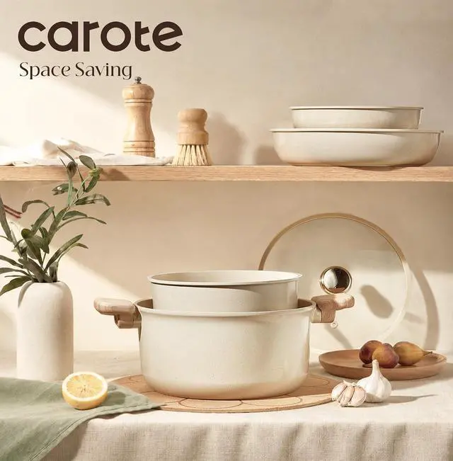 Alt view image 7 of 7 - CAROTE 24pcs Pots and Pans Set Cookware Set with Detachable Handle Oat