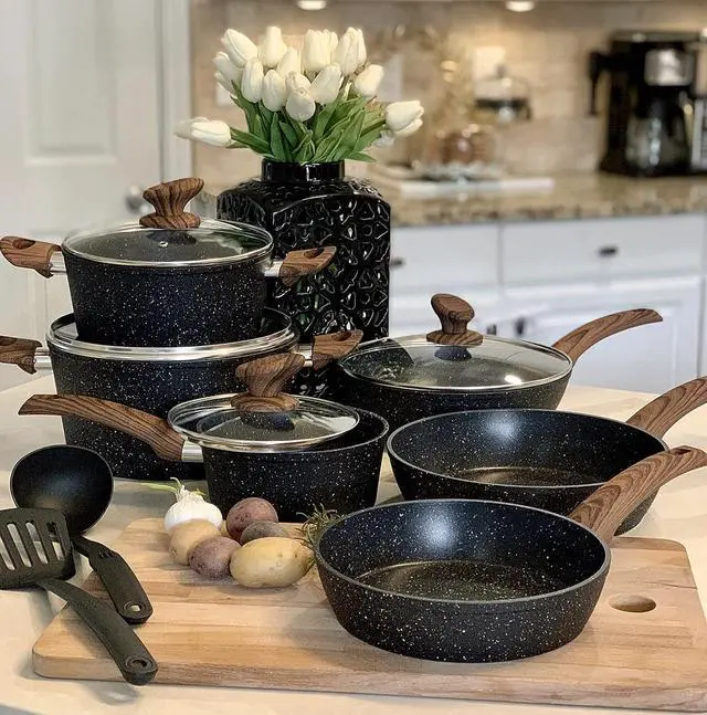 Main image of Kitchen Academy Pots and Pans Set Non Stick, 12pcs Induction Cookware | Nonstick Kitchen Cookware Set, Black Granite Cooking Pans, PFOS & PFOA Free, Easy Food Release, Fast & Even Heating