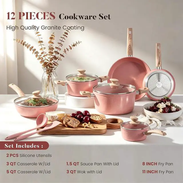Alt view image 2 of 7 - Kitchen Academy Induction Pots and Pans Set Non Stick, 12Pcs Pink Cookware | Even heating, easy to clean granite. Healthy kitchen cooking pans and pots set. 100% PFOA & PFAS free