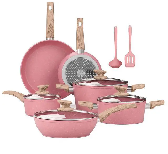 Main image of Kitchen Academy Induction Pots and Pans Set Non Stick, 12Pcs Pink Cookware | Even heating, easy to clean granite. Healthy kitchen cooking pans and pots set. 100% PFOA & PFAS free