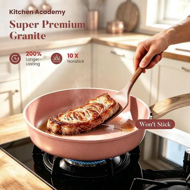 Alt view image 3 of 7 - Kitchen Academy Induction Pots and Pans Set Non Stick, 12Pcs Pink Cookware | Even heating, easy to clean granite. Healthy kitchen cooking pans and pots set. 100% PFOA & PFAS free