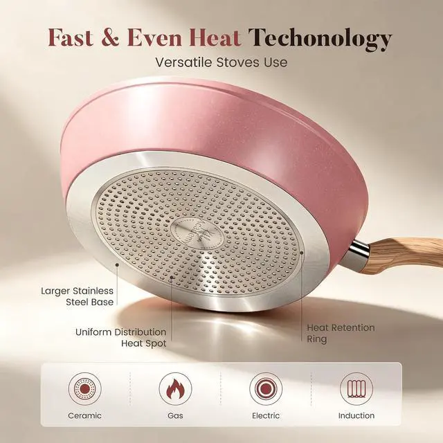 Alt view image 7 of 7 - Kitchen Academy Induction Pots and Pans Set Non Stick, 12Pcs Pink Cookware | Even heating, easy to clean granite. Healthy kitchen cooking pans and pots set. 100% PFOA & PFAS free