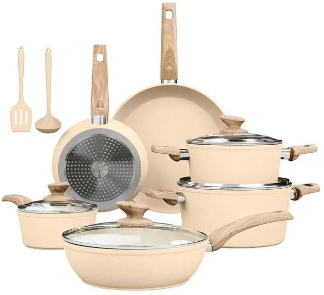 Main image of Kitchen Academy Beige Pots and Pans Set Non Stick, 12Pcs Induction Cookware | Granite Nonstick Cookware Sets. Healthy kitchen cooking pan and pot. Even heating, easy to clean.100% PFOA & PFAS free.