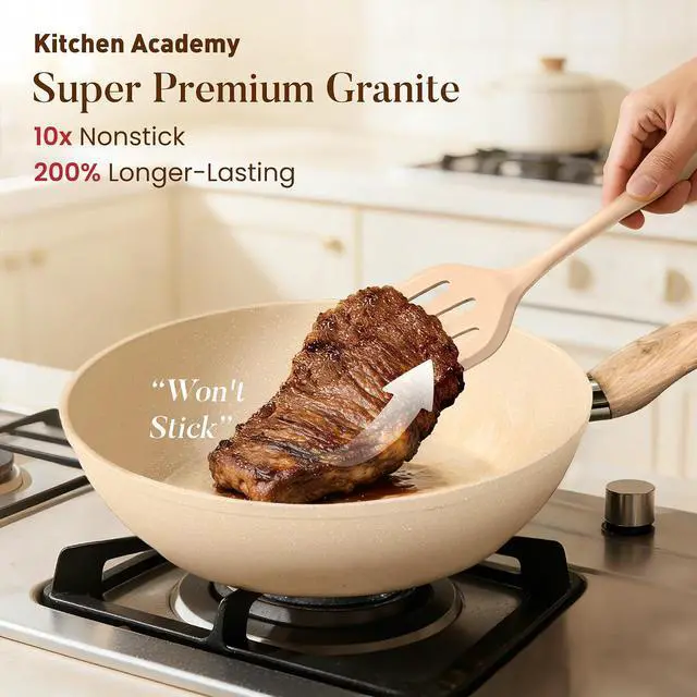 Alt view image 2 of 7 - Kitchen Academy Beige Pots and Pans Set Non Stick, 12Pcs Induction Cookware | Granite Nonstick Cookware Sets. Healthy kitchen cooking pan and pot. Even heating, easy to clean.100% PFOA & PFAS free.
