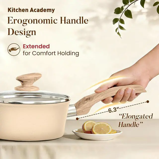 Alt view image 5 of 7 - Kitchen Academy Beige Pots and Pans Set Non Stick, 12Pcs Induction Cookware | Granite Nonstick Cookware Sets. Healthy kitchen cooking pan and pot. Even heating, easy to clean.100% PFOA & PFAS free.