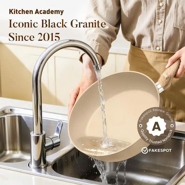 Alt view image 6 of 7 - Kitchen Academy Beige Pots and Pans Set Non Stick, 12Pcs Induction Cookware | Granite Nonstick Cookware Sets. Healthy kitchen cooking pan and pot. Even heating, easy to clean.100% PFOA & PFAS free.