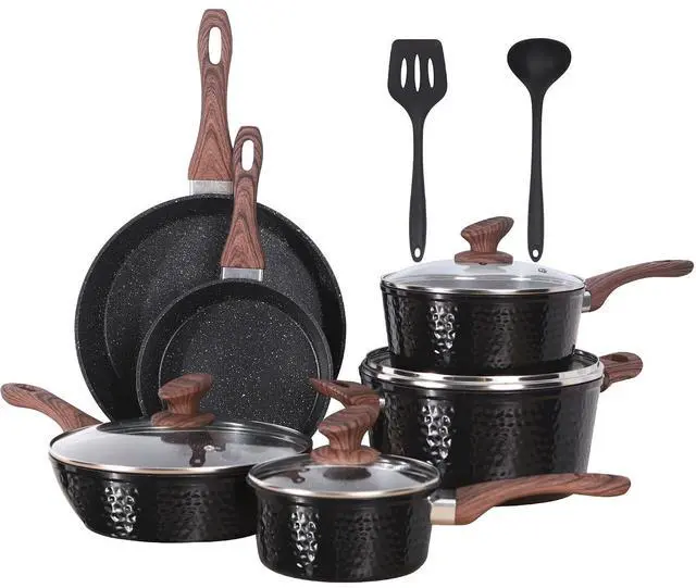 Main image of Kitchen Academy Induction Pots and Pans Set Nonstick, Hammered Cookware | 12-Piece Premium Die-Cast Aluminum Cooking Set. Black Healthy Granite Coating. 100% PFOA & PFAS free.