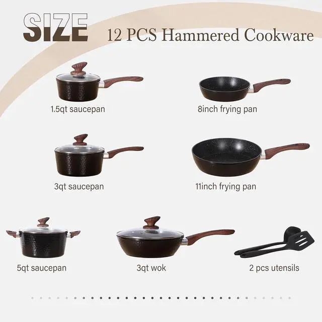 Alt view image 7 of 7 - Kitchen Academy Induction Pots and Pans Set Nonstick, Hammered Cookware | 12-Piece Premium Die-Cast Aluminum Cooking Set. Black Healthy Granite Coating. 100% PFOA & PFAS free.
