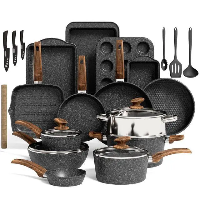 Alt view image 2 of 7 - Kitchen Academy 30Pcs Bakeware & Cookware Set + 24Pcs Stoneware Dinnerware Set for 8