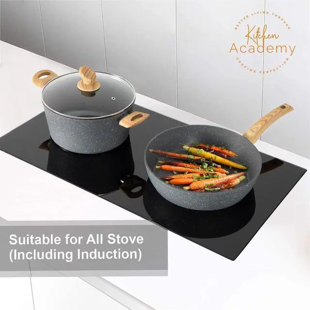 Alt view image 3 of 7 - Kitchen Academy 30 Piece Induction Cookware & Bakeware Set | Non Toxic Pots and Pans Set Non Stick, Grey Granite Cooking Pans Set, PFOA & PFAS Free