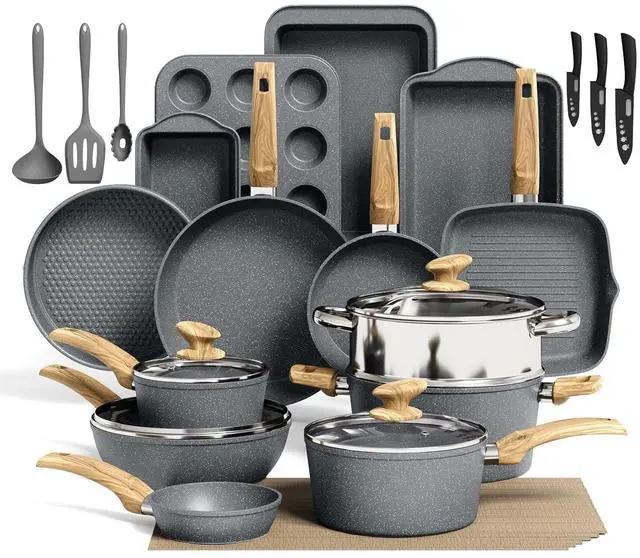 Main image of Kitchen Academy 30 Piece Induction Cookware & Bakeware Set | Non Toxic Pots and Pans Set Non Stick, Grey Granite Cooking Pans Set, PFOA & PFAS Free