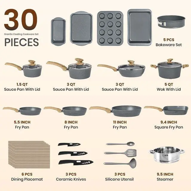 Alt view image 6 of 7 - Kitchen Academy 30 Piece Induction Cookware & Bakeware Set | Non Toxic Pots and Pans Set Non Stick, Grey Granite Cooking Pans Set, PFOA & PFAS Free