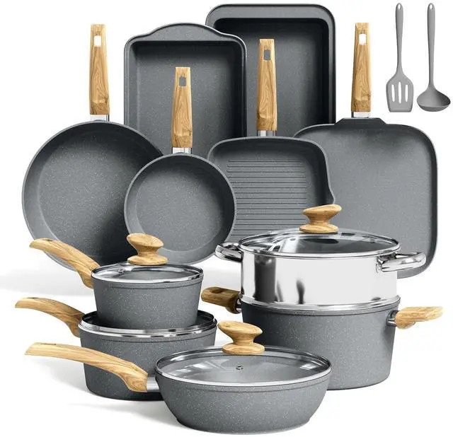 Main image of Kitchen Academy Granite Pots and Pans Set Non Stick, Induction Cookware | 17-Piece Gray Cooking Pans and Pots Set, PFOA & PFOS Free.