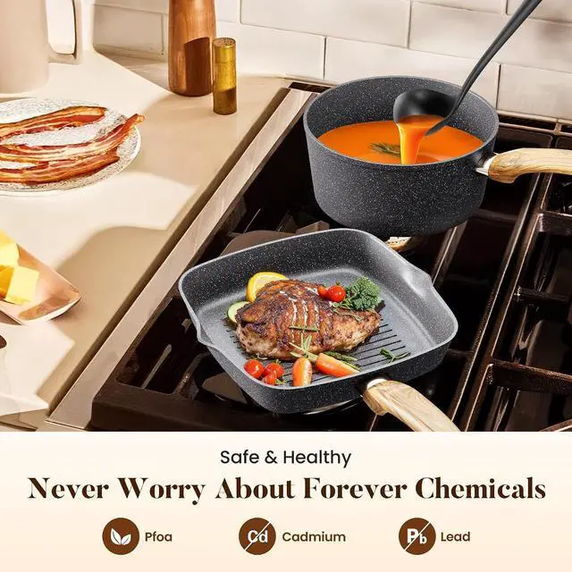 Alt view image 3 of 7 - Kitchen Academy Granite Pots and Pans Set Non Stick, Induction Cookware | 17-Piece Gray Cooking Pans and Pots Set, PFOA & PFOS Free.