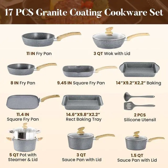 Alt view image 7 of 7 - Kitchen Academy Granite Pots and Pans Set Non Stick, Induction Cookware | 17-Piece Gray Cooking Pans and Pots Set, PFOA & PFOS Free.
