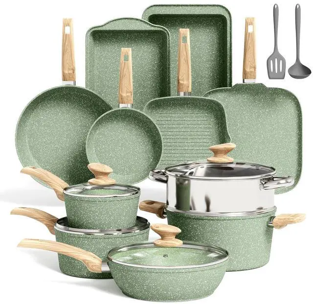 Main image of Kitchen Academy 17Pcs Green Induction Cookware Set, Nonstick Pots and Pans | Sage Green Granite Coating, Healthy Non Toxic Kitchen Cooking Pans and Pots Set Non Stick
