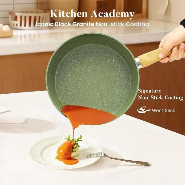 Alt view image 2 of 7 - Kitchen Academy 17Pcs Green Induction Cookware Set, Nonstick Pots and Pans | Sage Green Granite Coating, Healthy Non Toxic Kitchen Cooking Pans and Pots Set Non Stick