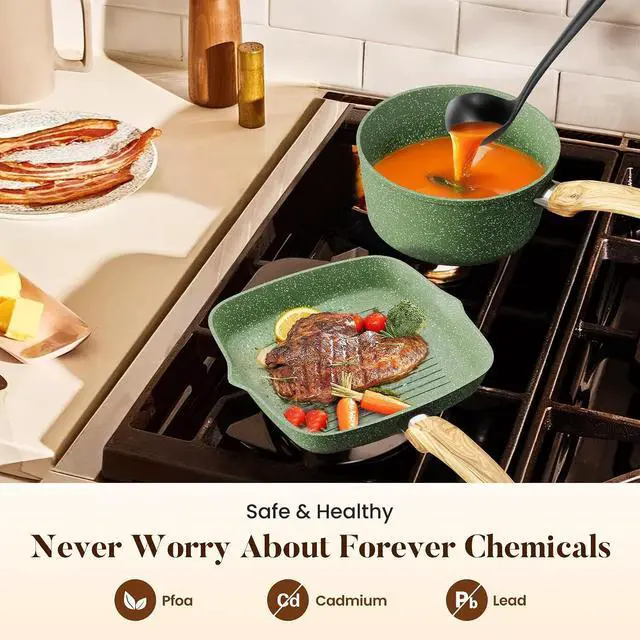 Alt view image 3 of 7 - Kitchen Academy 17Pcs Green Induction Cookware Set, Nonstick Pots and Pans | Sage Green Granite Coating, Healthy Non Toxic Kitchen Cooking Pans and Pots Set Non Stick