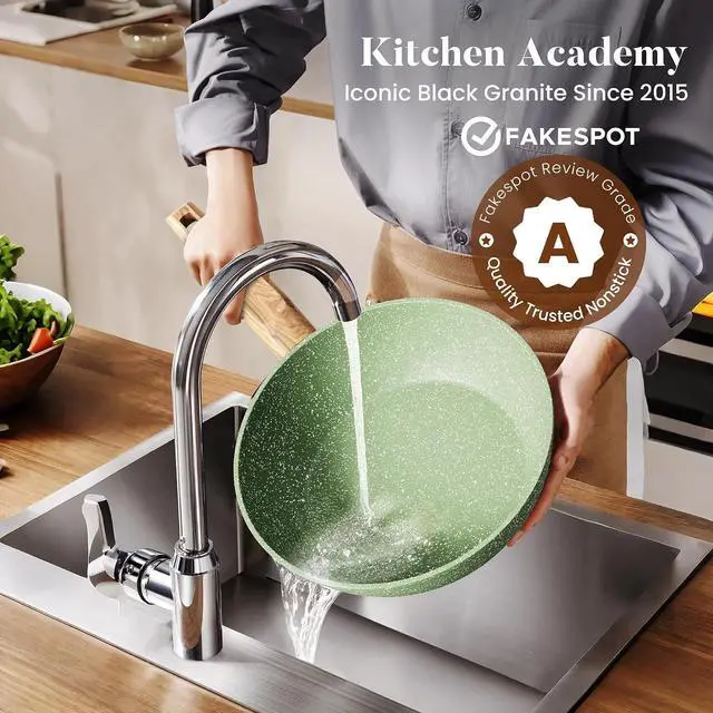 Alt view image 4 of 7 - Kitchen Academy 17Pcs Green Induction Cookware Set, Nonstick Pots and Pans | Sage Green Granite Coating, Healthy Non Toxic Kitchen Cooking Pans and Pots Set Non Stick