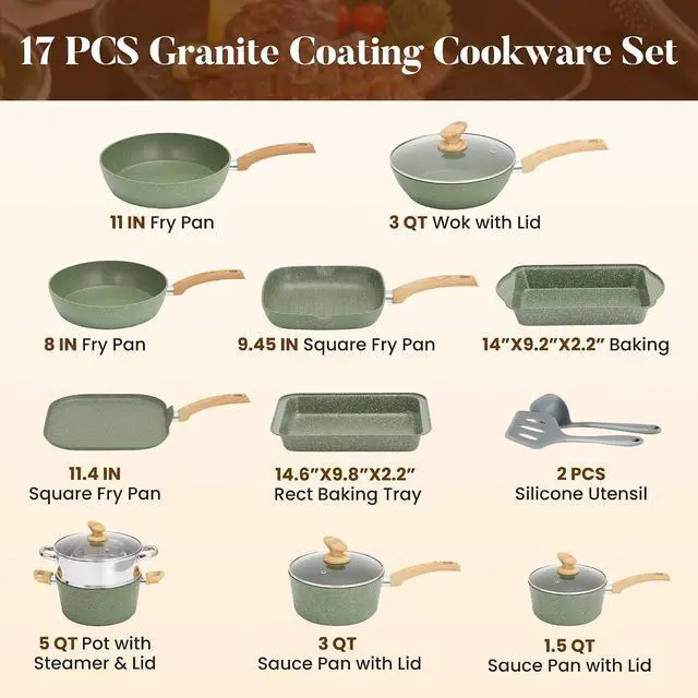 Alt view image 7 of 7 - Kitchen Academy 17Pcs Green Induction Cookware Set, Nonstick Pots and Pans | Sage Green Granite Coating, Healthy Non Toxic Kitchen Cooking Pans and Pots Set Non Stick