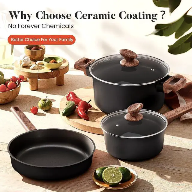 Alt view image 2 of 7 - Kitchen Academy Ceramic Cookware Set, Pots and Pans Set Non Toxic | 10pcs Healthy Kitchen Cooking Set, Induction Compatible, PFOA & PFAS Free, Black