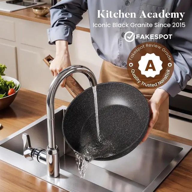 Alt view image 4 of 7 - Kitchen Academy 30Pcs Pots and Pans Set Non Stick - Induction Black Cooware Set, Nonstick Granite Cookware and Bakeware Sets, PFOA&PFOS-Free, Non Toxic Healthy Kitchen Cooking Pans Set