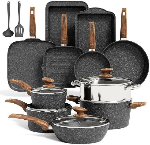 Main image of Kitchen Academy Induction Cookware Set Non Stick, 17Pcs Granite Pots & Pans | Nonstick Cooking Frying Pans for Induction Gas Electric Stove, Non-Toxic PFOA & PFOS Free, Black